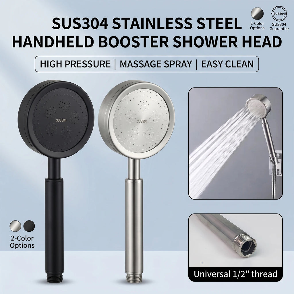 304 Stainless Steel Handheld Shower Head  High Pressure Booster   Universal Connector  Bathroom Shower Sprayer for Home Bath