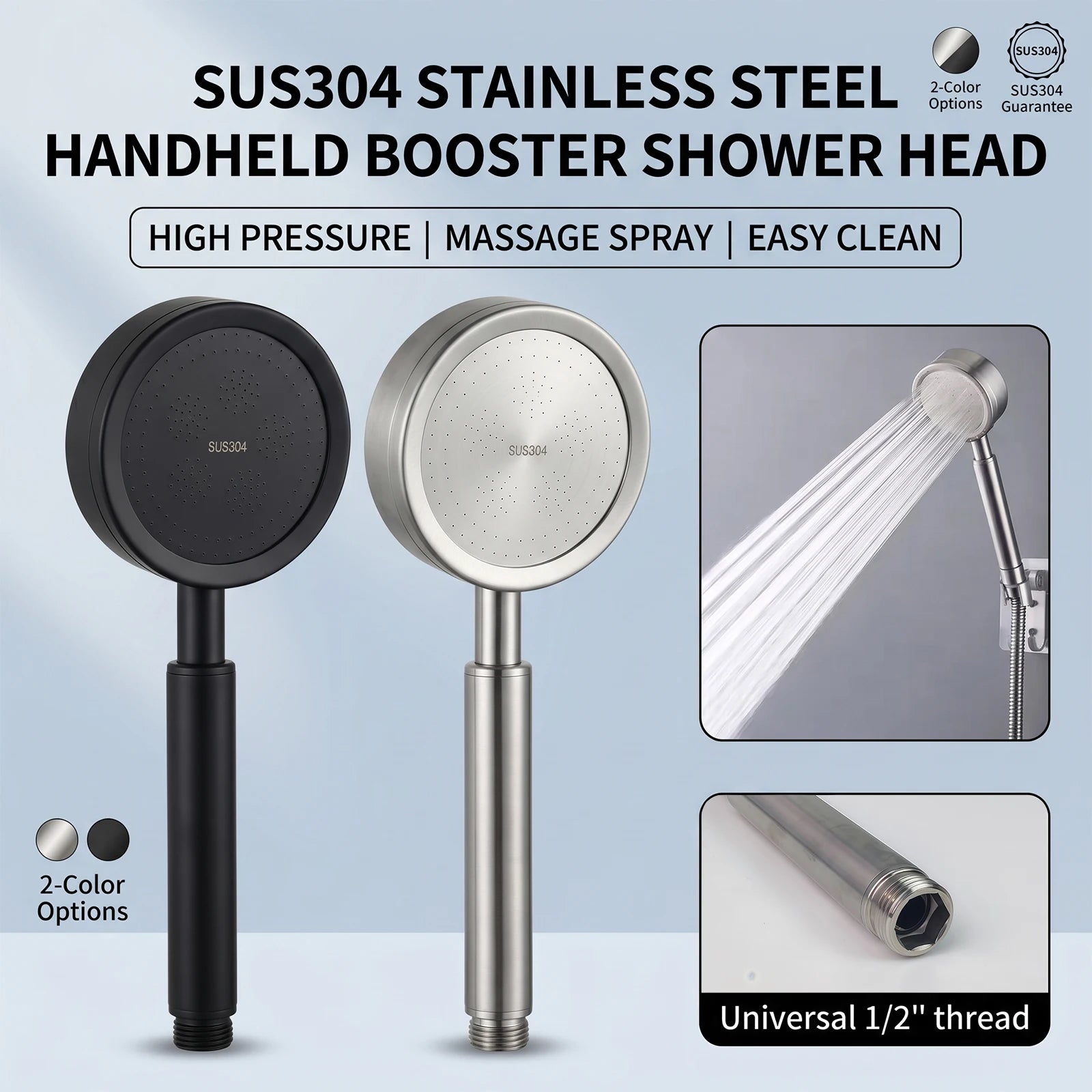 304 Stainless Steel Handheld Shower Head  High Pressure Booster   Universal Connector  Bathroom Shower Sprayer for Home Bath
