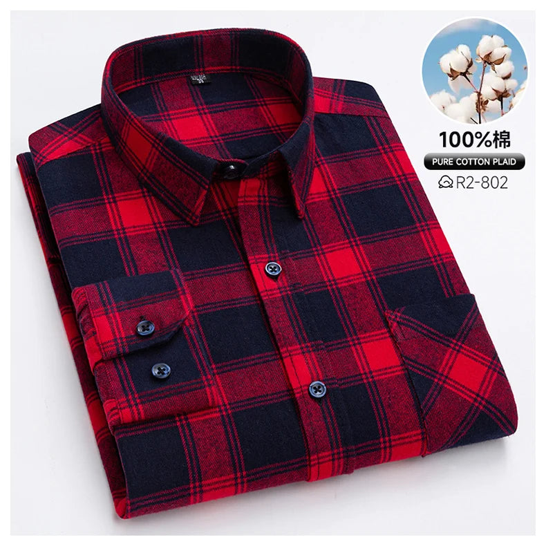 Classic Retro Plaid Flannel Shirt Long Sleeve 100% Cotton Fashion Casual Soft Spring Autumn Winter Standard Pocket Men's Shirt