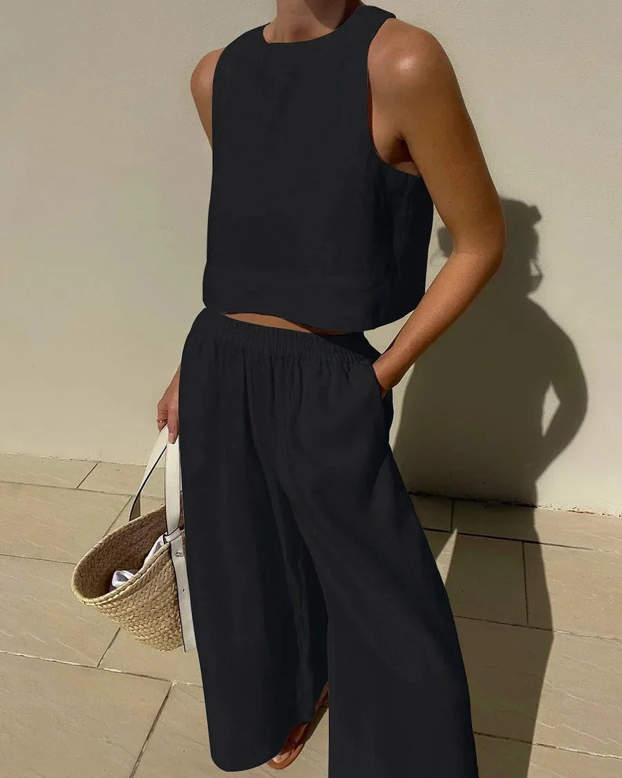 Women's Long Pant Sets Sleeveless Cropped Top Drawstring Elastic Waist Wide Leg Pants 2 Piece Set Casual Commute 2026 Summer New