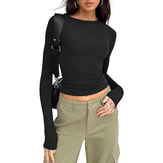 1pcs Four Seasons Fashion Senior Women T-shirt Long Sleeve Crew Neck Solid Slim Fit Tee Ladies Crop Top  Daily Streetwear Camis