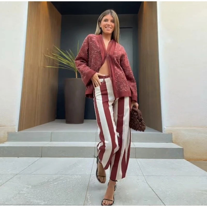 Women Striped Trousers Curved Knife Jeans  High Waist Contrasting Color Loose Versatile Casual Long Pants Women's Aladdin Pants