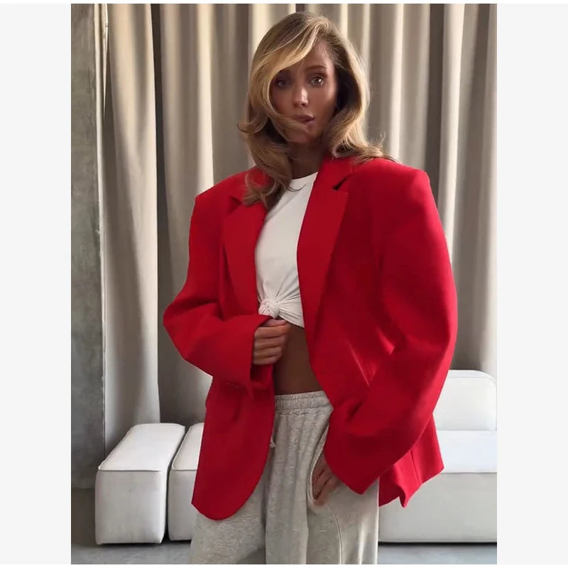Women Red Fashion Blazer Jacket Lapel Collar Single Button Long Sleeve Loose Casual Coats Oversized Autumn Winter Street Outwear