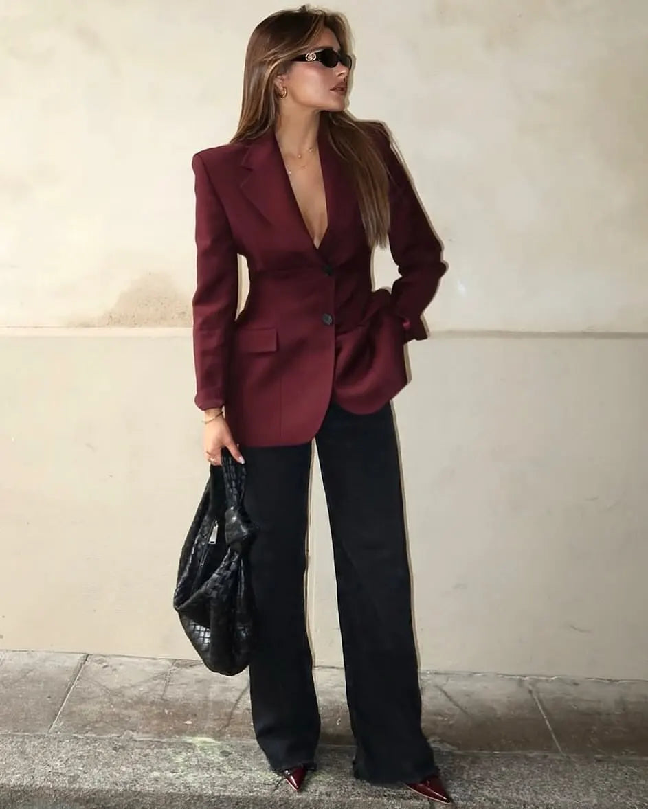 Women Burgundy Waist Cinching Blazer Coat Fashion Full Sleeve Lapel V-neck Button Slim Jacket 2026 Lady Spring Autumn Outwear