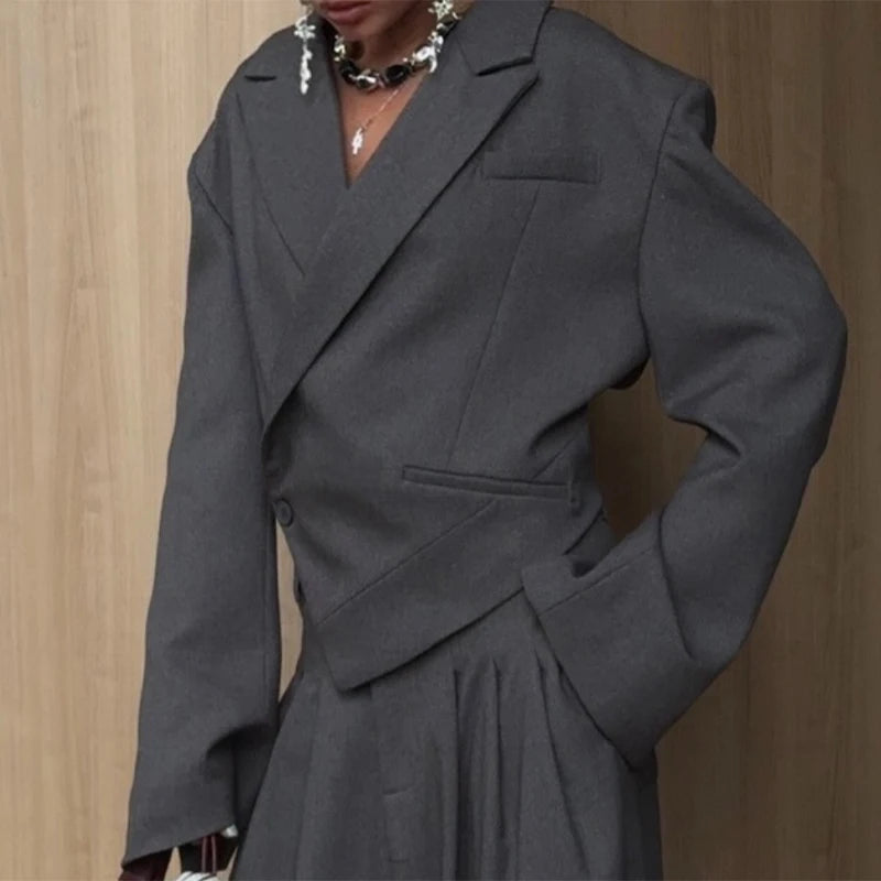 Solid Women Officewear Lapel Pockets Long Sleeve One Button Cinched Waist And Wide Leg Pant Fashion Lady Streetwear Commute 2026