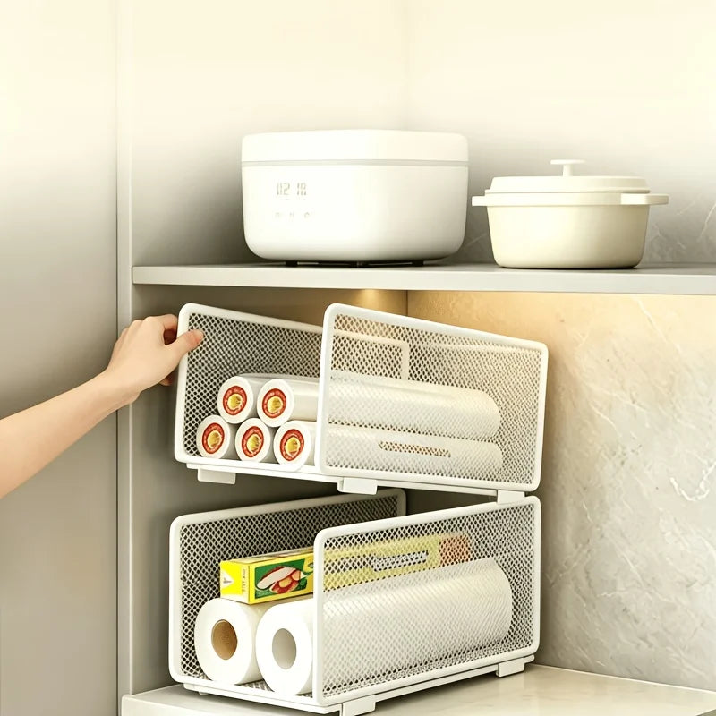 Stackable Kitchen Storage Baskets, Organizer for Kitchen Paper, Plastic Wrap, and Spice Jars, Household Cabinet Storage Racks