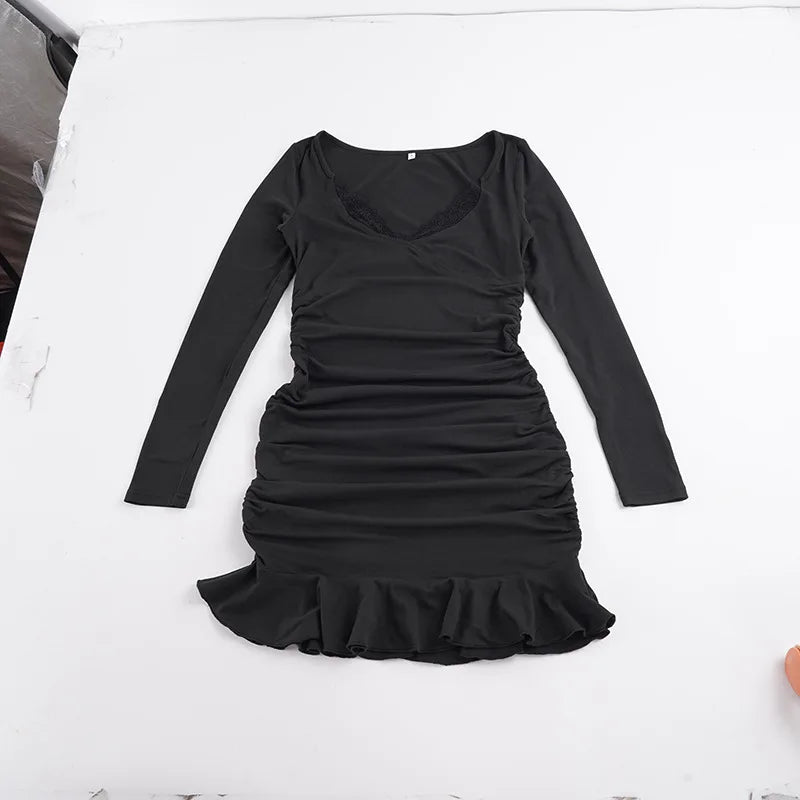 Fashionable Deep V-Neck Lace Panel Slim Fit Sexy Pleated Short Skirt Dress High Waist Milk Fiber Long Sleeve for Neutral Use