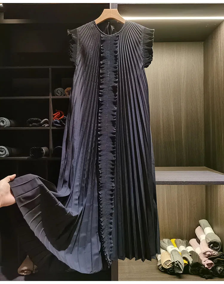 Miyake Pleated Solid Color Dresses High-End 2026 Ruffled Handmade Pleats Solid Color Fold Dress Summer Elegant Sleeveless Dress