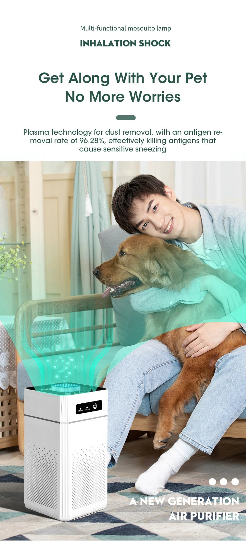 Smart Air Purifier For Home Use Negative Ion Generator Formaldehyde Removal Nano Filtration for Smoke Dust Allergens