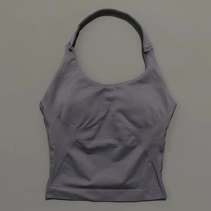 Halter Yoga Tank Top Women Sexy Seamless Strappy Backless Slim Fit Padded Breathable Gym Fitness Running Workout Sports Tops