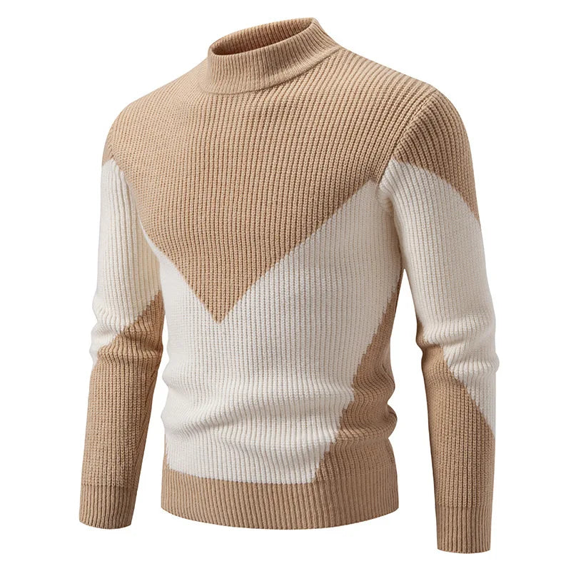 High Quality Men's New Autumn Winter Sweaters Casual Warm Mock Neck Pullovers Trend Color Blocking Design Men Sweaters Knit Tops