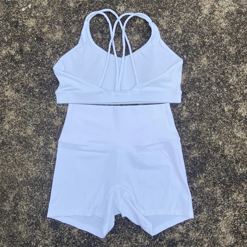 2 Piece Yoga Shorts Set Gym Sports Set Women Workout Outfit Fitness Suit Cross Straps Bra High Waist Shorts Running Tracksuit