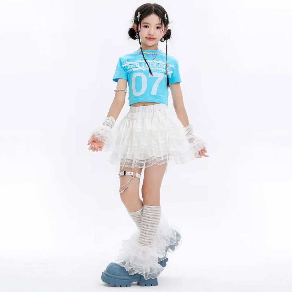 Kid Cute Hip Hop Clothing BLue Crop T Shirt Sleeves White Layered Lace Pleated Mini Skirt for Girls Jazz Dance Costume Clothes