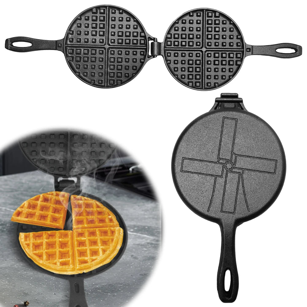 Cast Iron Waffle Maker Pan Non-Stick Waffle Iron Round Waffle Mold Waffle Cake Maker for Stovetop Or Grill