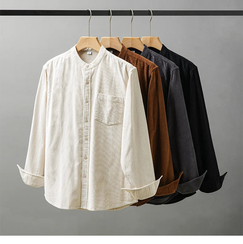 DUKEEN Corduroy Stand Collar Long Sleeve Shirt for Men 100% Cotton Spring and Autumn Casual Men's Clothing