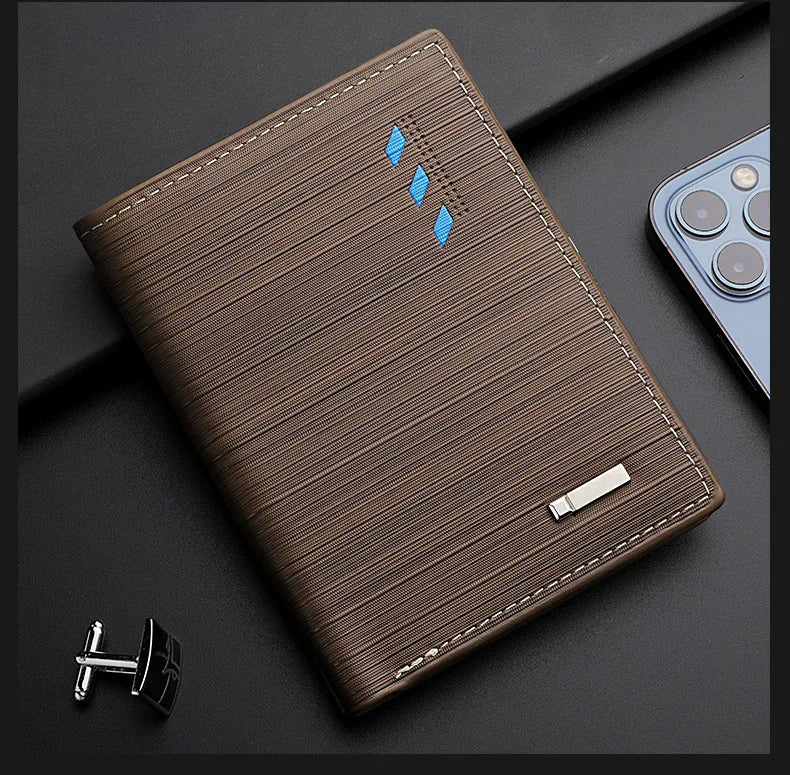 Business Men's Short Wallet Microfiber Synthetic Leather Short Wallets Men Stripe Male Purse Coin Pouch Multi-functional Cards