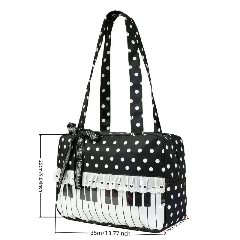 Polka Dot Piano Key Lace Ribbon Shoulder Bag,Contrast Color Patchwork Large Women Bowling Tote Bag,Y2k Girls Wave Point Handbag