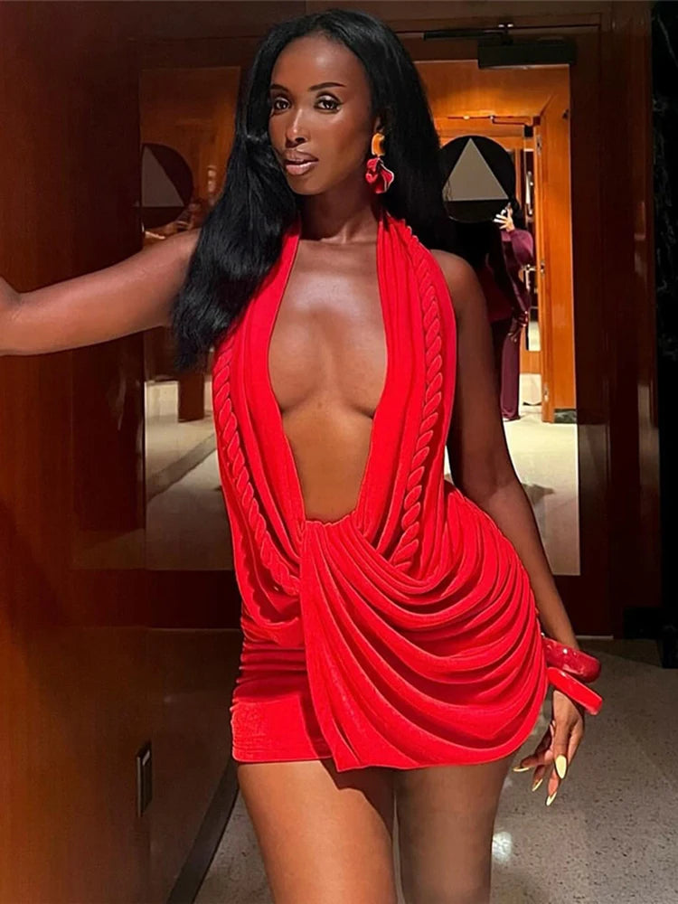 Nibber Backless Dress Woman Twist Bandage Halter Swing Collar Cleavage Sleeveless Midnight Club Party Sexy Fashion Mini Bodycon
