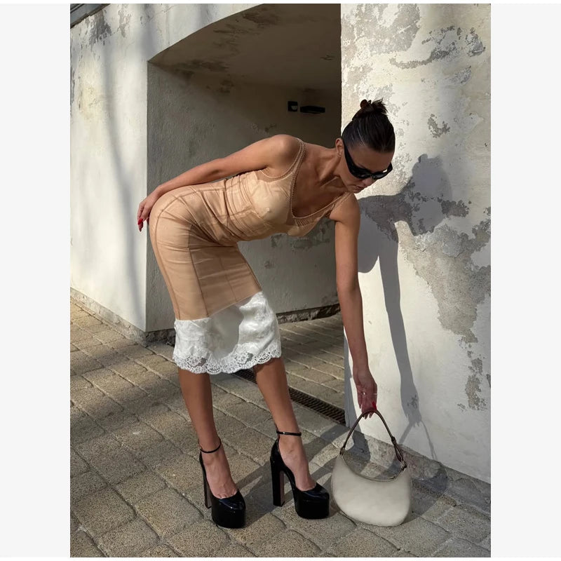 Sexy Sheer Mesh Overlay Midi Dress Women Sleeveless Waist Cinched Lace-trim Bodycon Sling Dress 2026 Lady Trendy Party Robe