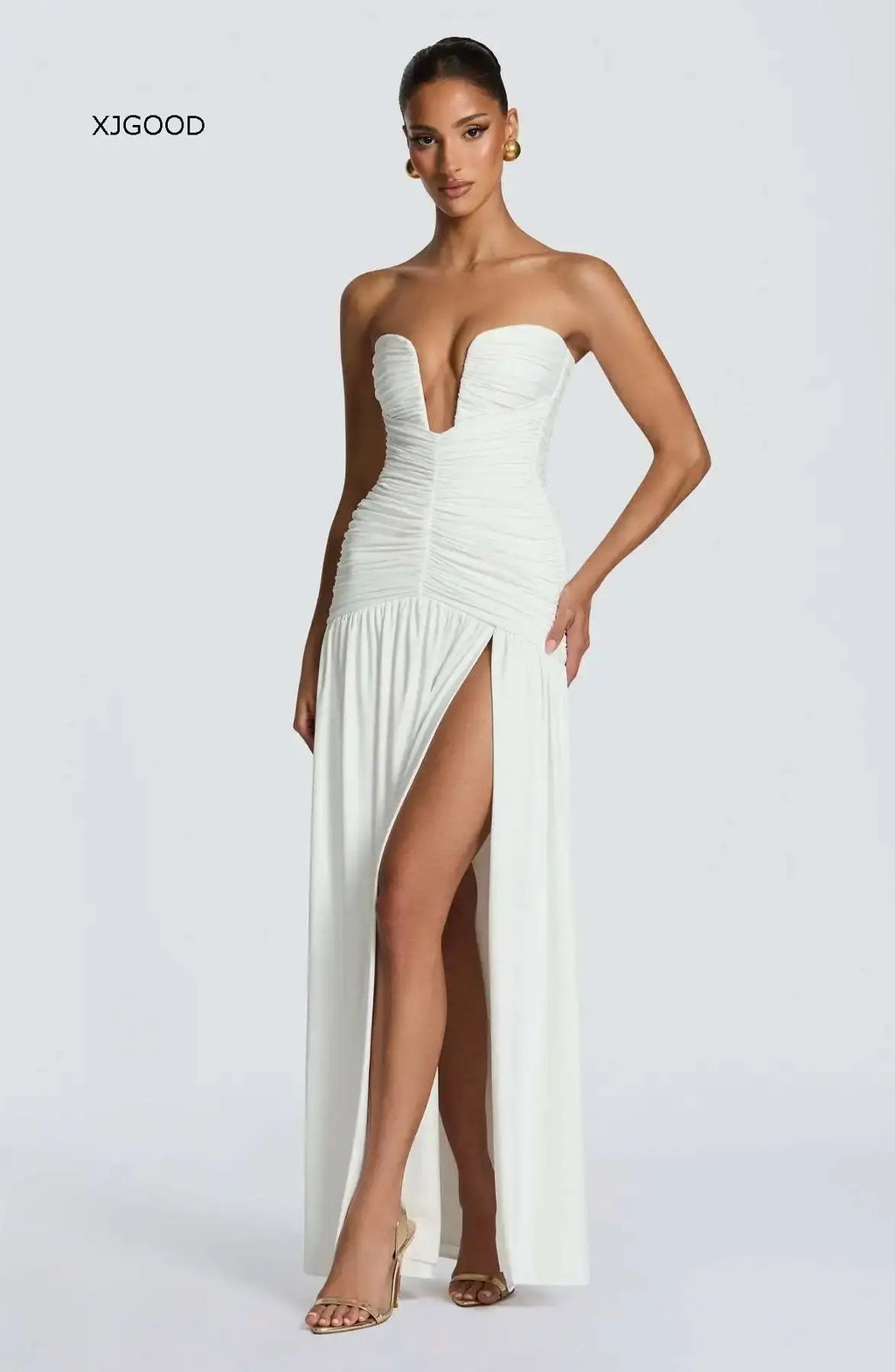 Women's Strapless Pleated High Slit Long Skirt Sexy Pure Color mid Waist Polyester Fiber V-neck Sleeveless Slim Fit Dress