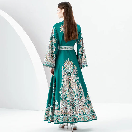 2023 New Silk Long sleeved Ethnic Style Retro Printed Dress for Women's Vacation Style Standing Collar Long Swing Dress