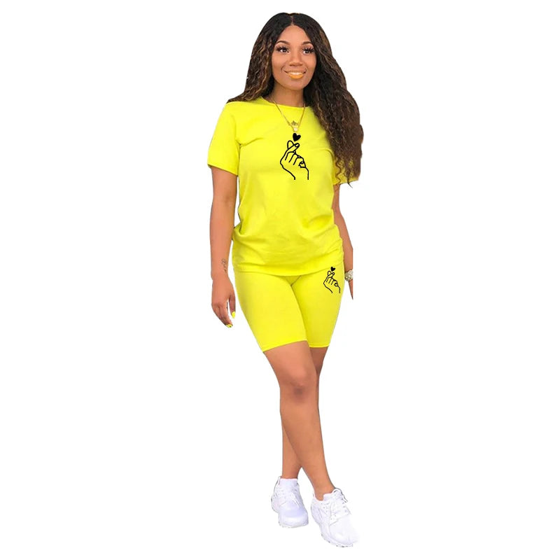Women Solid Sporting Casual Two Piece Set Short Sleeve Tee Top Biker Retro Shorts Printed Pants Girl Tracksuit Gothic Outfits