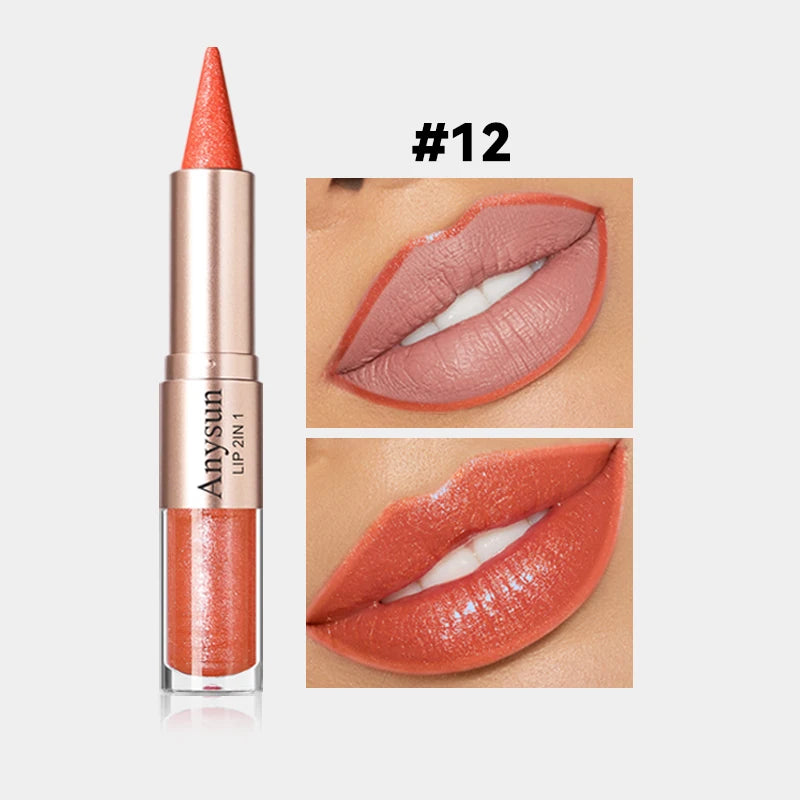 Double Head 2-in-1 Lip liner+Lip Gloss Waterproof and Durable Fine Shiny Mirror Gloss