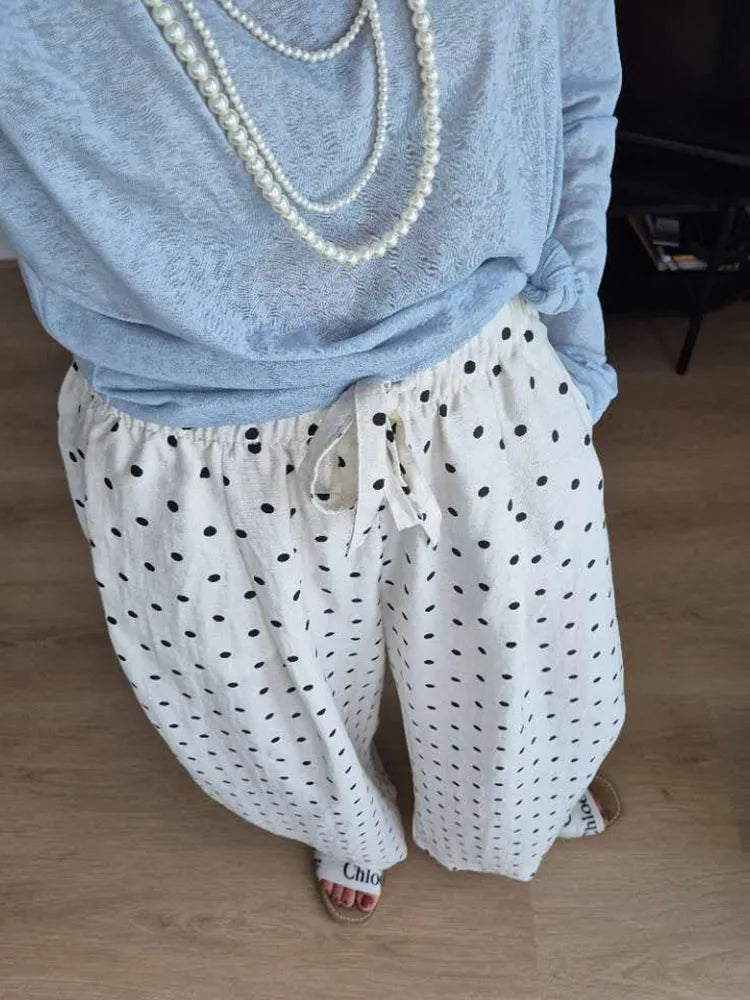 Polka Dot Cotton Linen Pants White Women Wide Leg Summer Spring Baggy Trousers For Woman High  Waist Linen Loose Pants Women