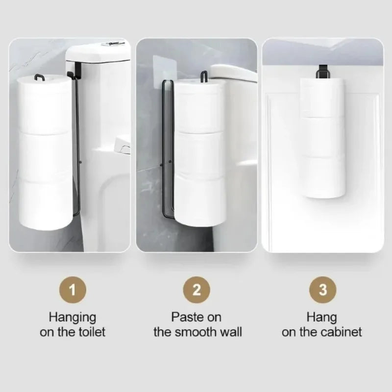 Black Iron Self-Adhesive Toilet Paper Holder with Towel Bar No-Drill Wall Mount Bathroom Storage Rack