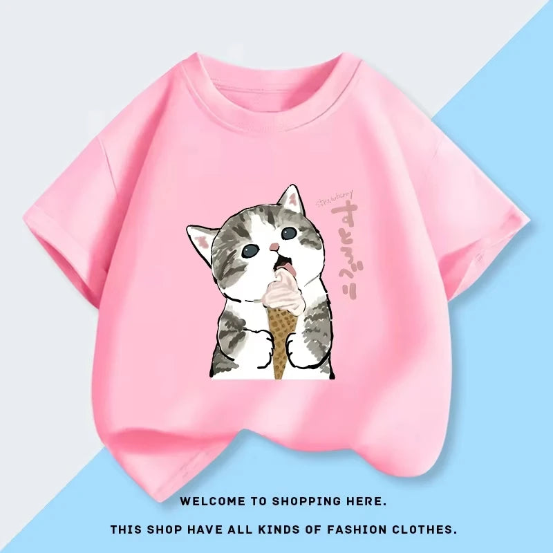 2026 New Mofusand Cat Girl's Clothing Short Sleeved T-shirt Baby Pure Cotton Top Summer New Clothes Children's Base Shirt