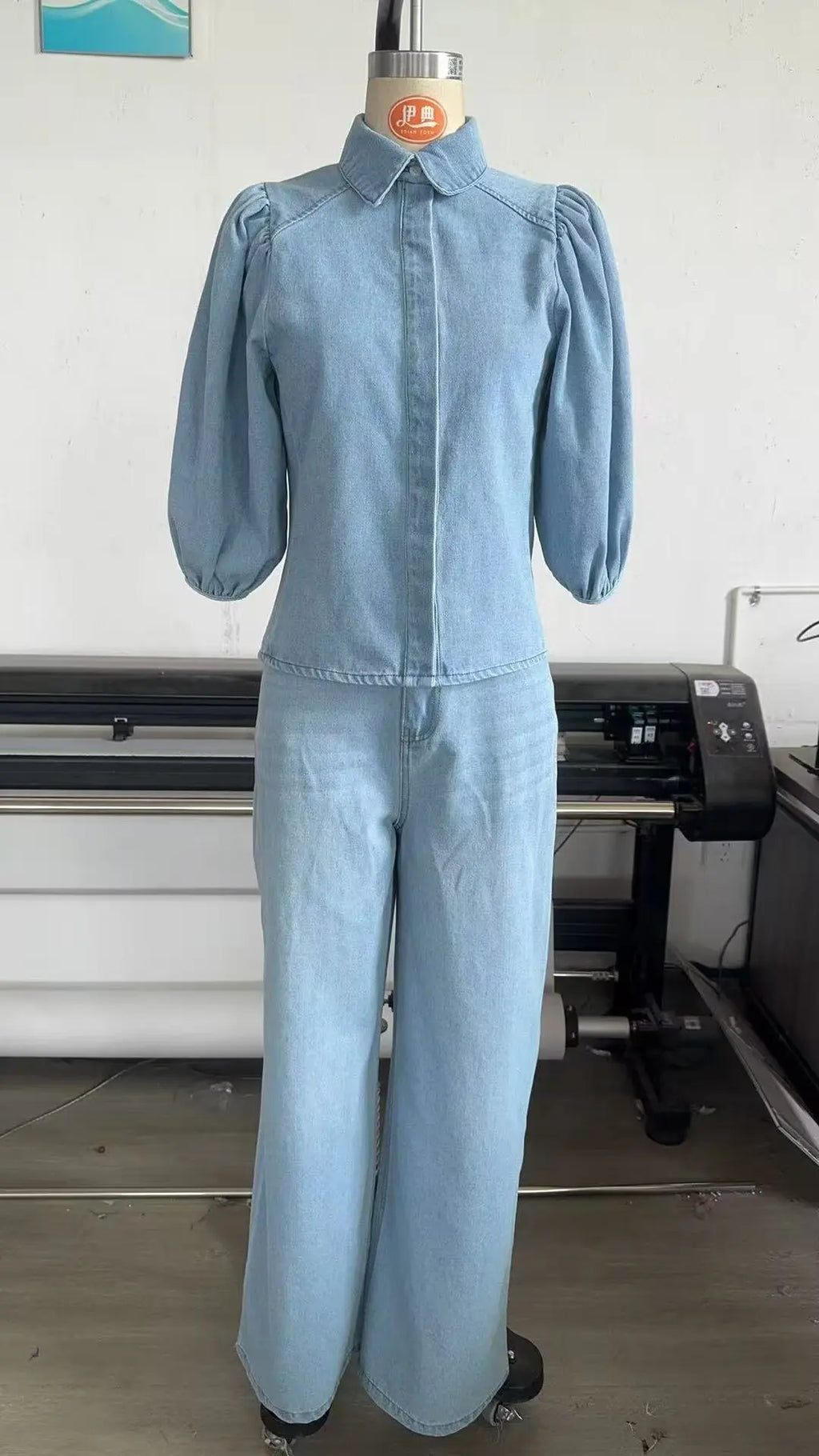 HH Women Summer New Fashion Thin Single-breasted Loose Folds Denim Shirt+High Waist Zipper Pocket Wide-leg Casual Pants Suit