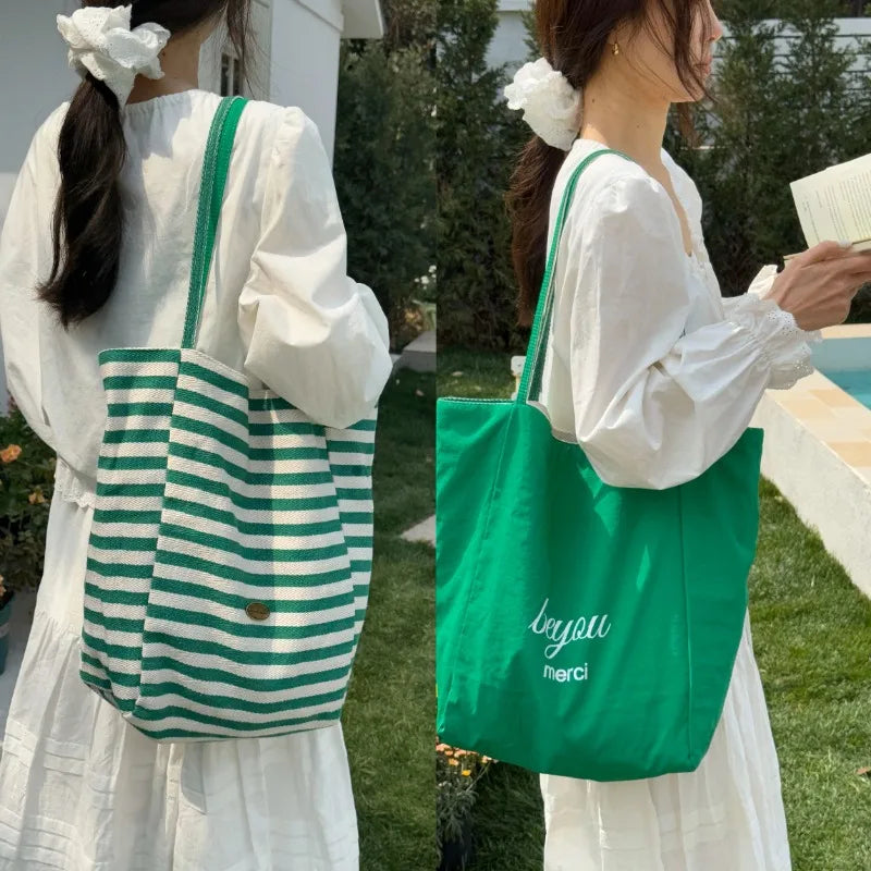 Casual Large Capacity Women's Canvas Shoulder Bags Striped Design Female Shopping Bag Summer Seaside Girls Handbags Beach Tote