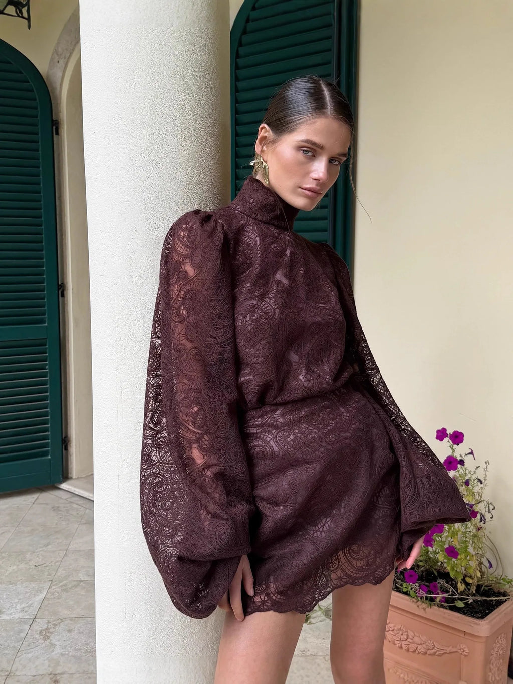 Women Solid Hollow Out Lace Mini Dress High Collar Flare Long Sleeves Short Vestidos Chic Lady Elegant Night Party Club Gowns