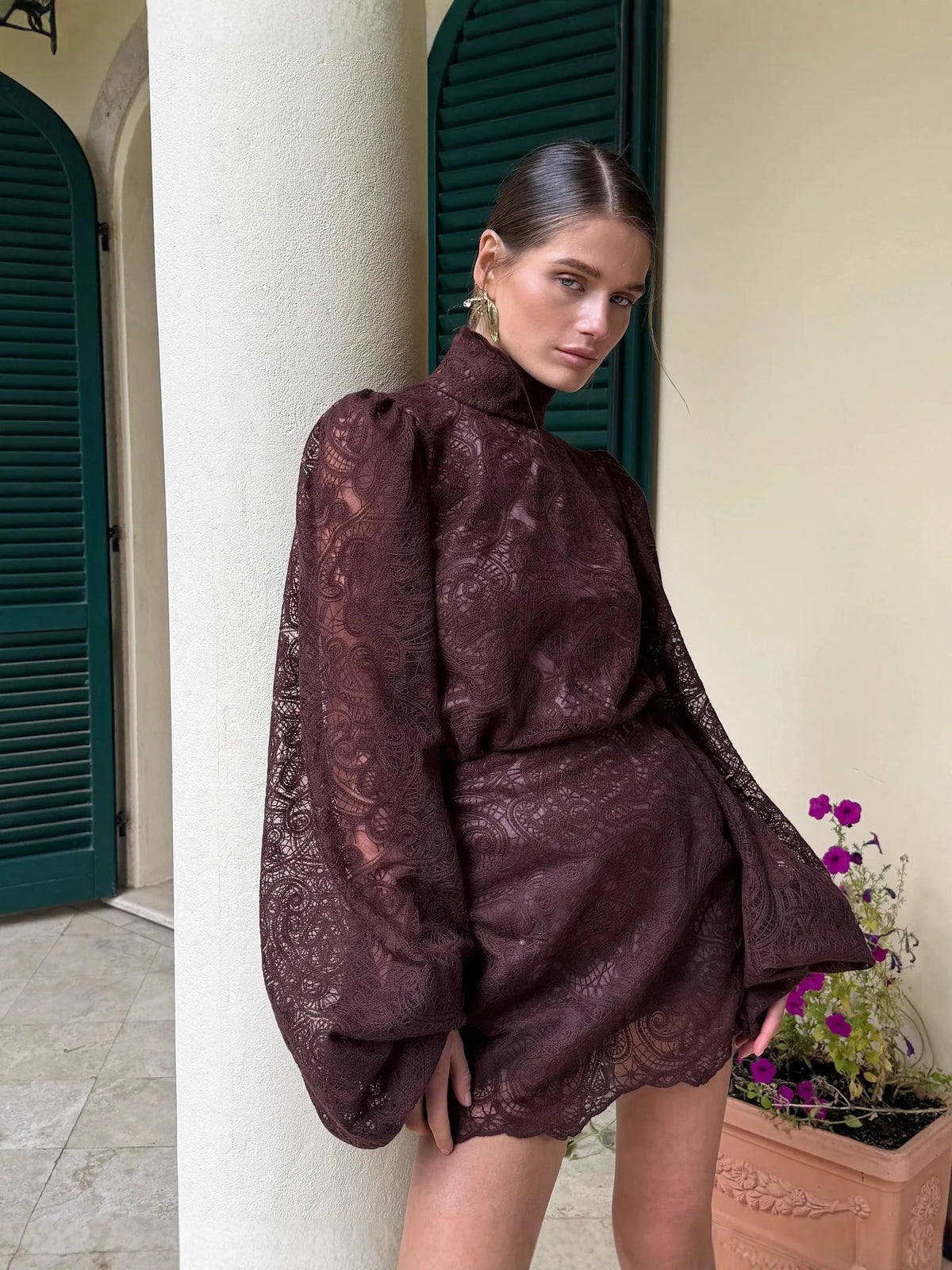 Women Solid Hollow Out Lace Mini Dress High Collar Flare Long Sleeves Short Vestidos Chic Lady Elegant Night Party Club Gowns