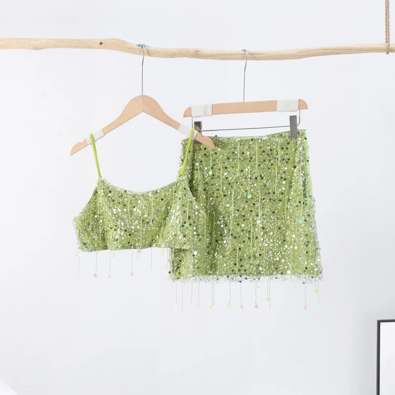 Sexy Tassel Sequins Vest Mini Skirt Women Crop Sling Vests Short Hip Package A-line Skirts 2026 Summer Lady Beach Party Outfits