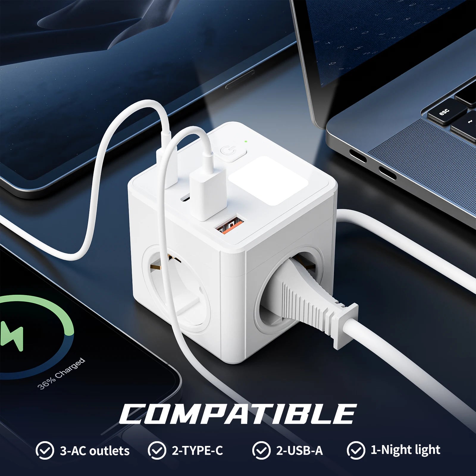 1 EU 8-in-1 power socket, with 1.5-meter extension cord power board, 3 AC sockets & 2 USB & 2 Type-C & dimmable small night ligh