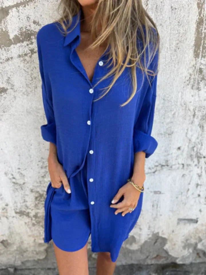 2026 Women's Casual Solid Color Cotton and Linen Shorts Long Sleeve Wrinkle Shirt Two-piece Set