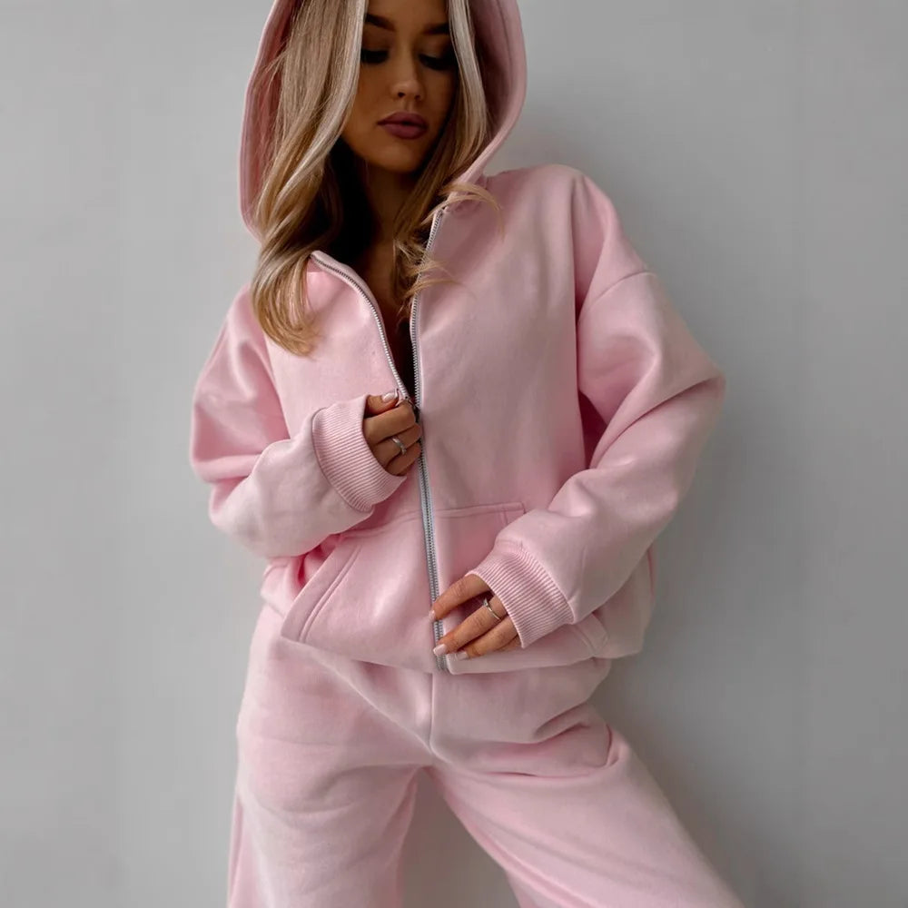 Women's Casual Suit Solid Color Long Sleeve Hooded Cardigan Pocket Sweater Elastic Pants Two-piece Set