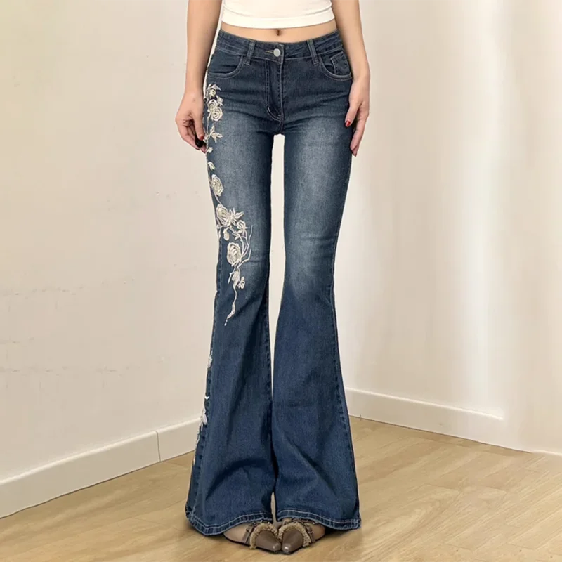 URBANCREW Y2K Embroidered Flare Jeans — Vintage Streetwear