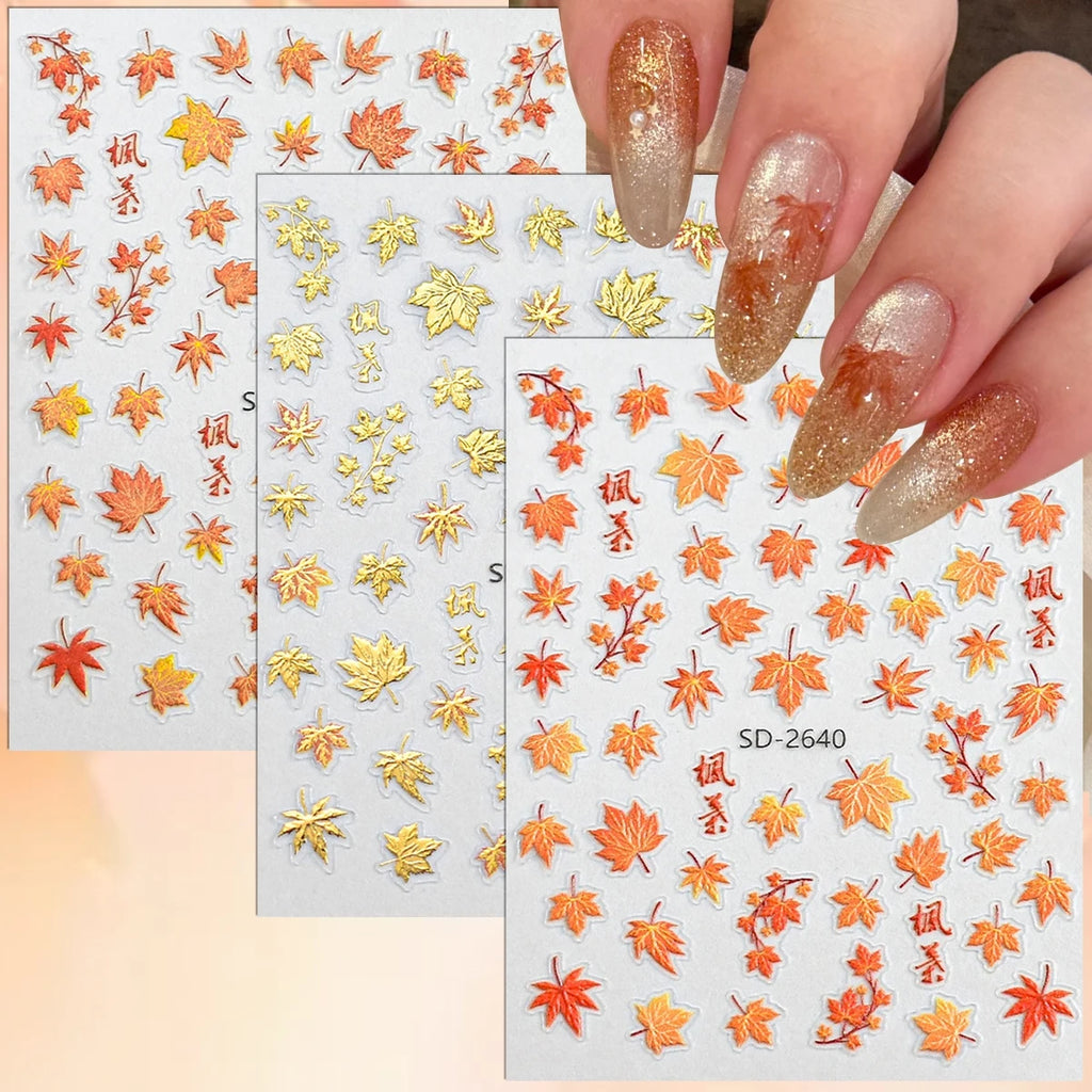 3 to 30 Sheets Autumn Maple Leaves Nail Stickers 5D Embossed Gold Foil Fall Leaf for Nails, Self-Adhesive DIY Manicure Art