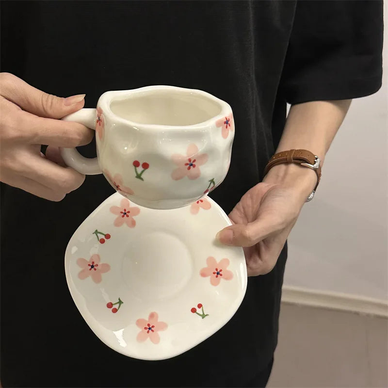 ins style retro flower ceramic cups and saucers, hand-squeezed irregular coffee cups and saucers, afternoon tea cups and saucers