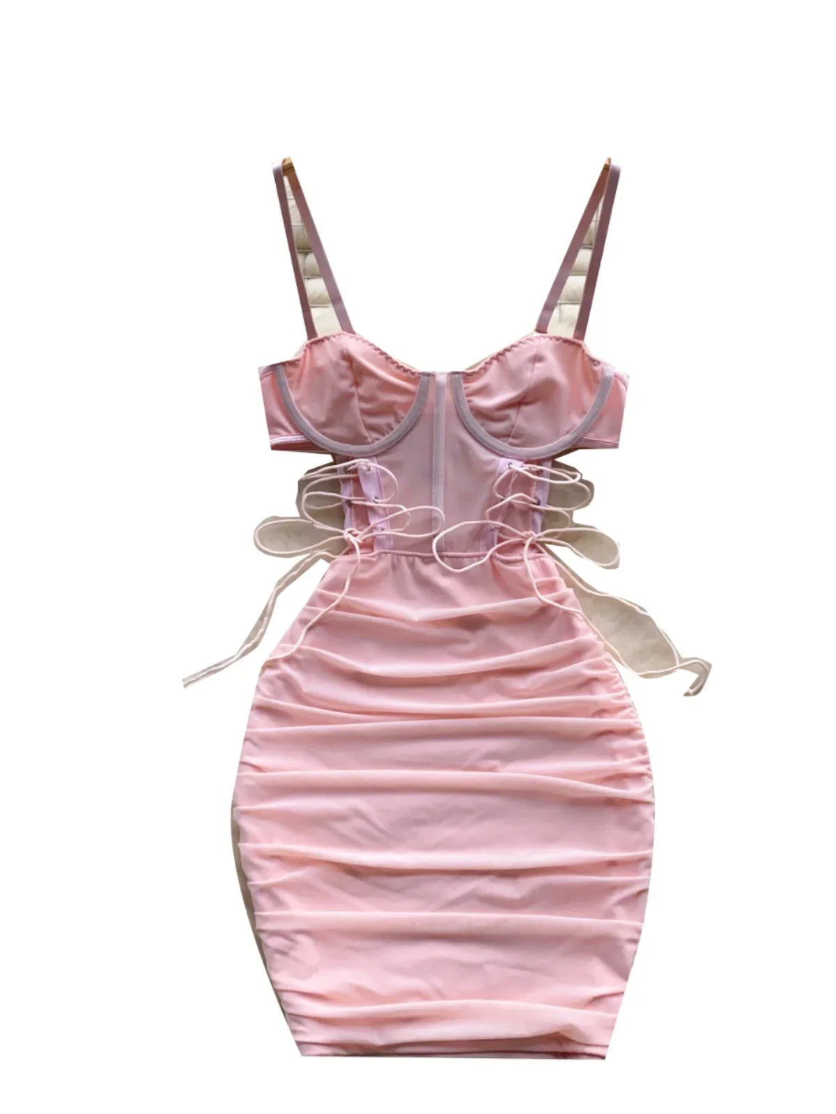 Foamlina Ins Sexy Hollow Out Sling Dress with Exposed Waist Bandage Pleated Slim Fit Bodyocn Girl's Photo Date Short Dress