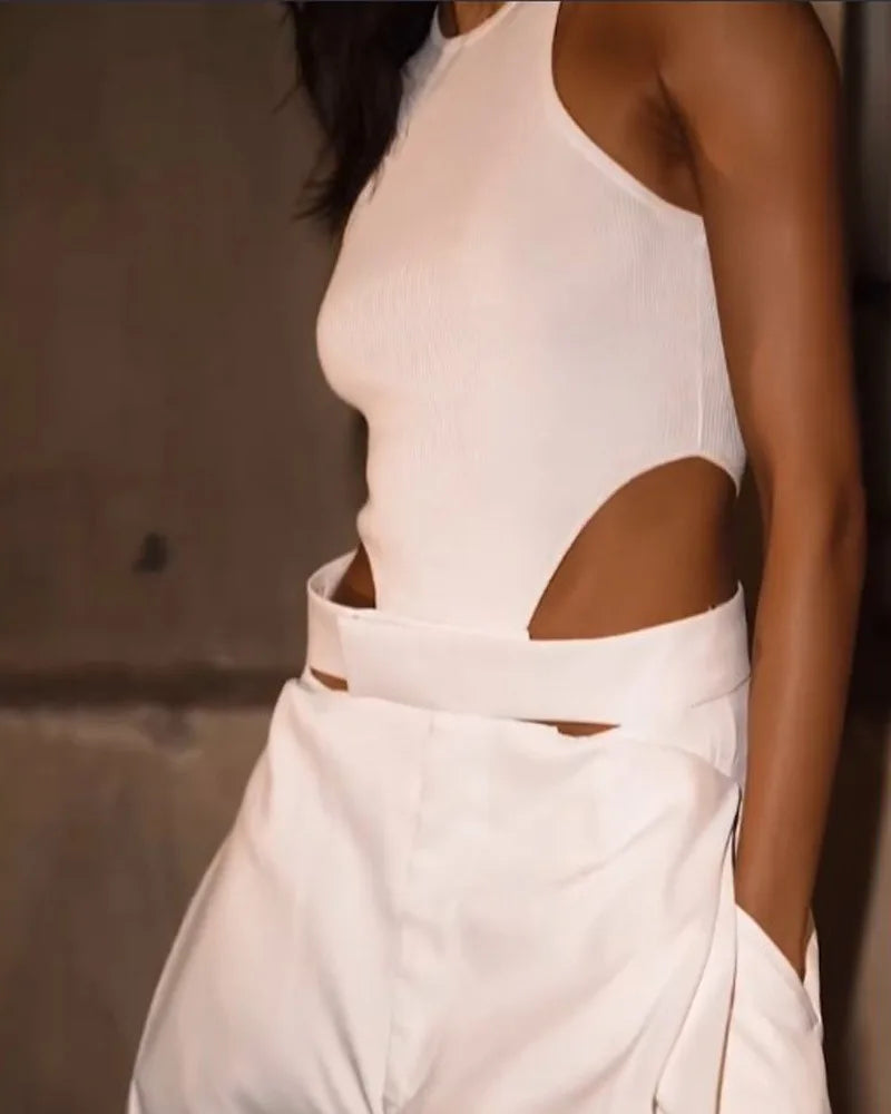 Women's Solid Color Sleeveless Hollow Out High Waist Wide Leg Jumpsuit Overall Playsuit