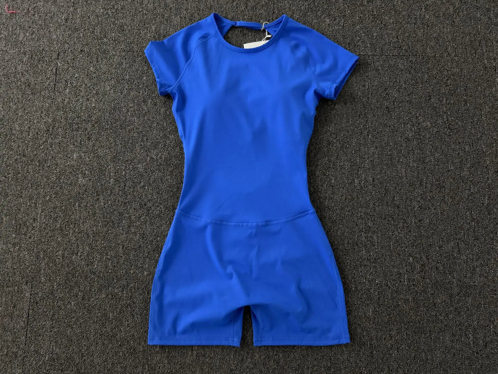 Women Short Sleeve Open Back Yoga Bodysuit Squat Proof Short Jumpsuit Gym Pilates Running Workout Fitness Sport Activewear