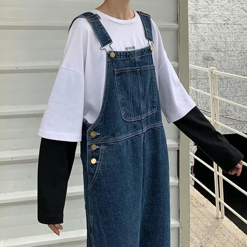 Korean Loose Denim Overalls Women Spring Autumn Straight Wide Leg Jeans Vintage Suspenders Maxi Baggy Jumpsuits Men Woman S-5XL