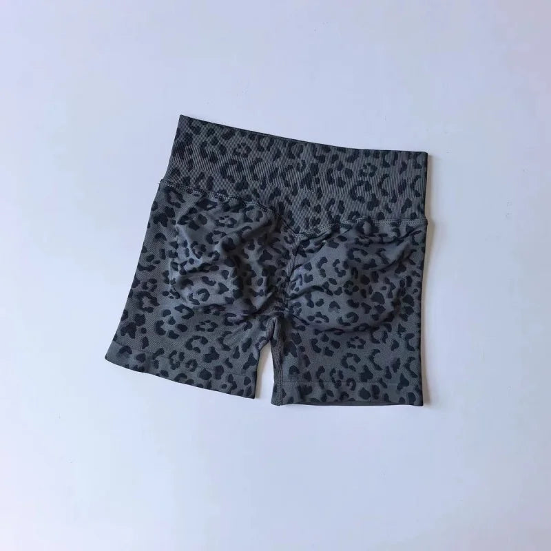 Sexy Leopard Print Seamless Yoga Shorts High Waist Peach Butt Lift Tummy Control 4-Way Stretch Breathable Workout Cycling Pants
