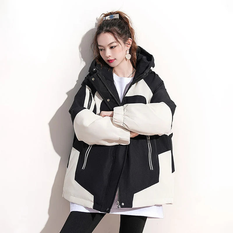 Black and White Patchwork Women Autumn Hiking Jacket Winter Winderproof Warm Hooded Coat Korean Zip Up Streetwear Couple Jackets