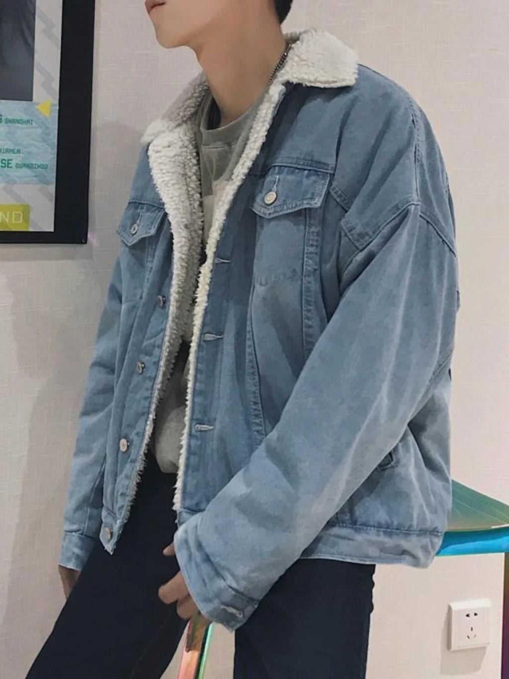 Thickened Fleece Winter Jacket for Men Youth Casual Style Long Sleeve Denim Coat with Stand Collar Button Closure Slim Fit