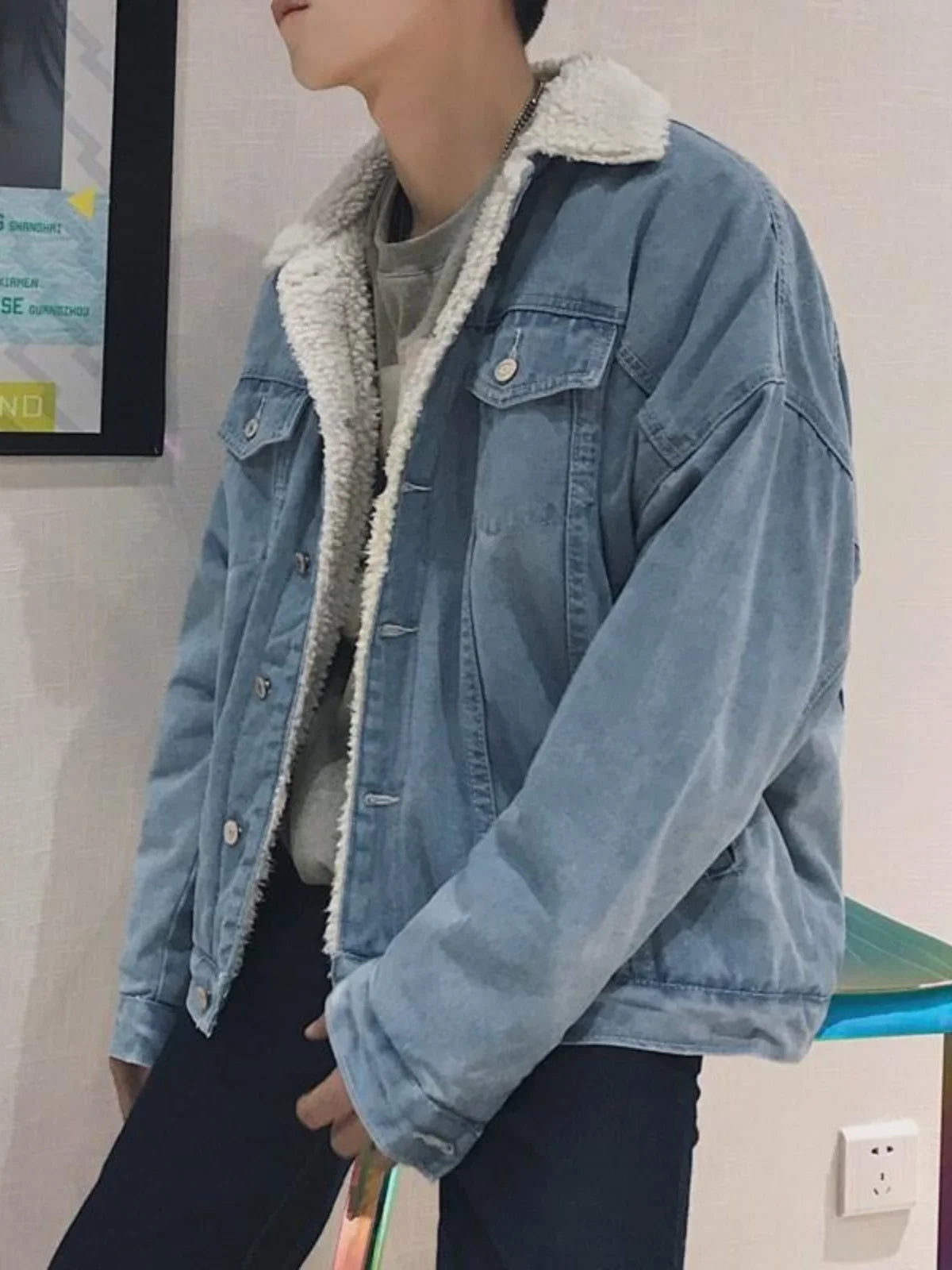 Thickened Fleece Winter Jacket for Men Youth Casual Style Long Sleeve Denim Coat with Stand Collar Button Closure Slim Fit
