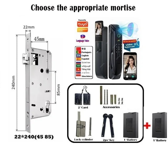 5050 5072 5572 4585 6085 Mortise Tuya WiFi Video Intercom 3D Face Recognition Smart Lock Biometric Camera Auto Keyless Lock